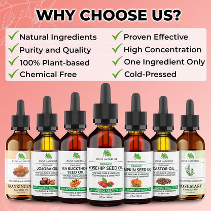 Jeune Naturelle Organic Rosehip Seed Oil - Pure, Virgin, Cold Pressed for Skin Repair, 2 oz
