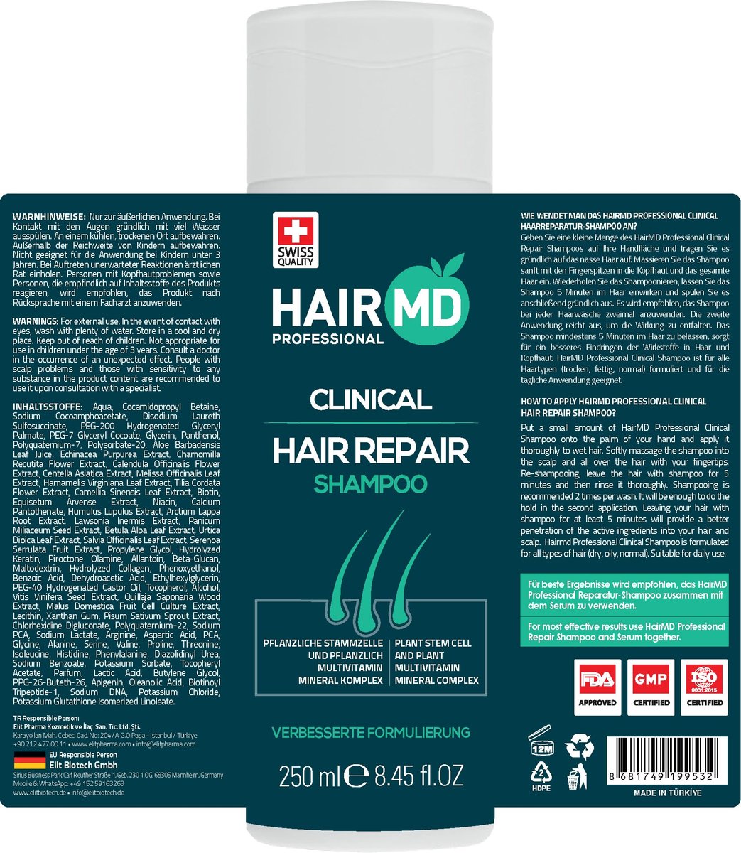 HairMD Transplant Clinical Repair Shampoo - Biotin Shampoo for Hair Growth, Post-Transplant Scalp Care, Reduces Itching and Redness, 250ml Avelisse