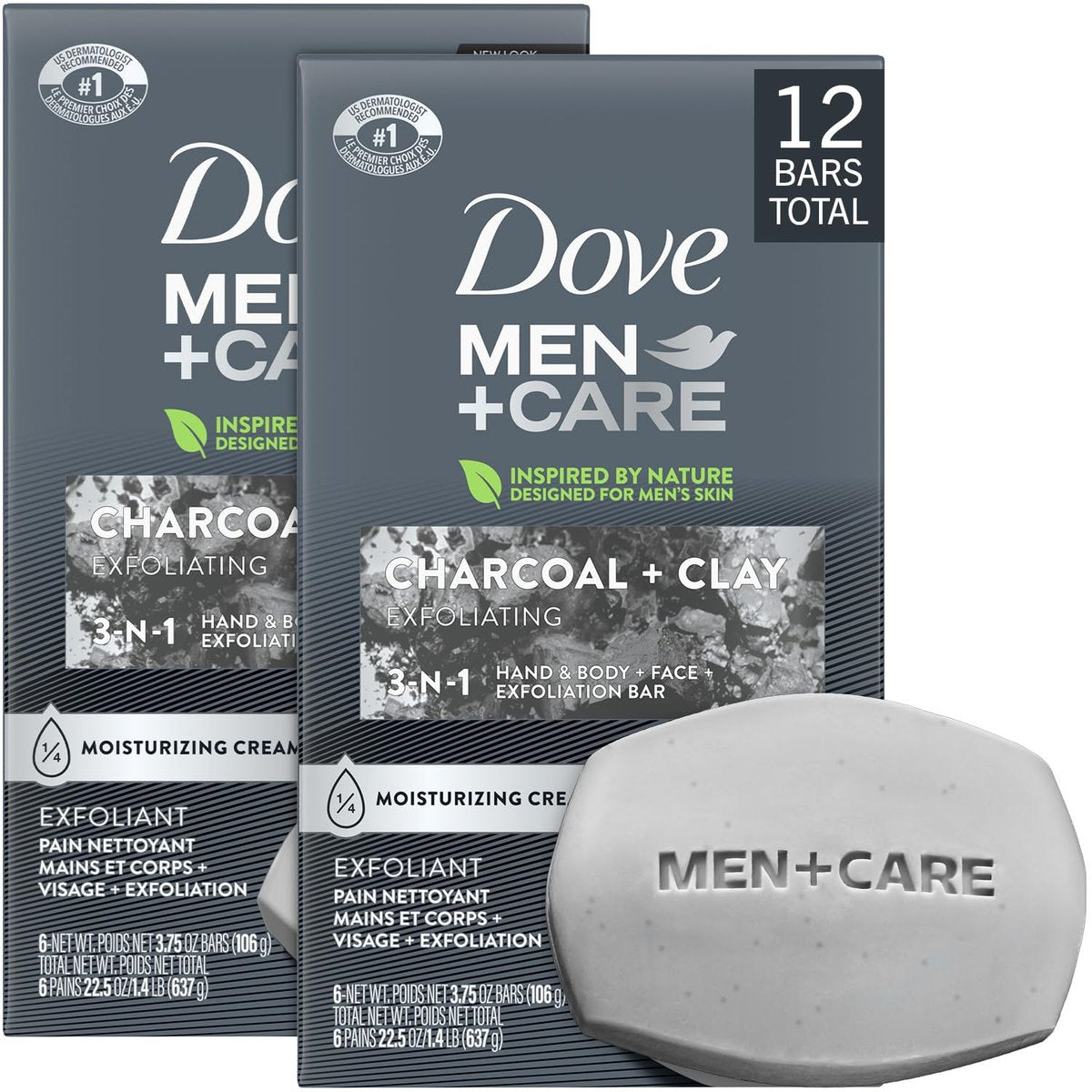 Dove Men+Care Body + Face Bar 2-Pack (12 Bars) – Exfoliating 3-in-1 Charcoal Soap with Clay for Skin Care, Hands & Shaving, 3.75 Oz Each Avelisse