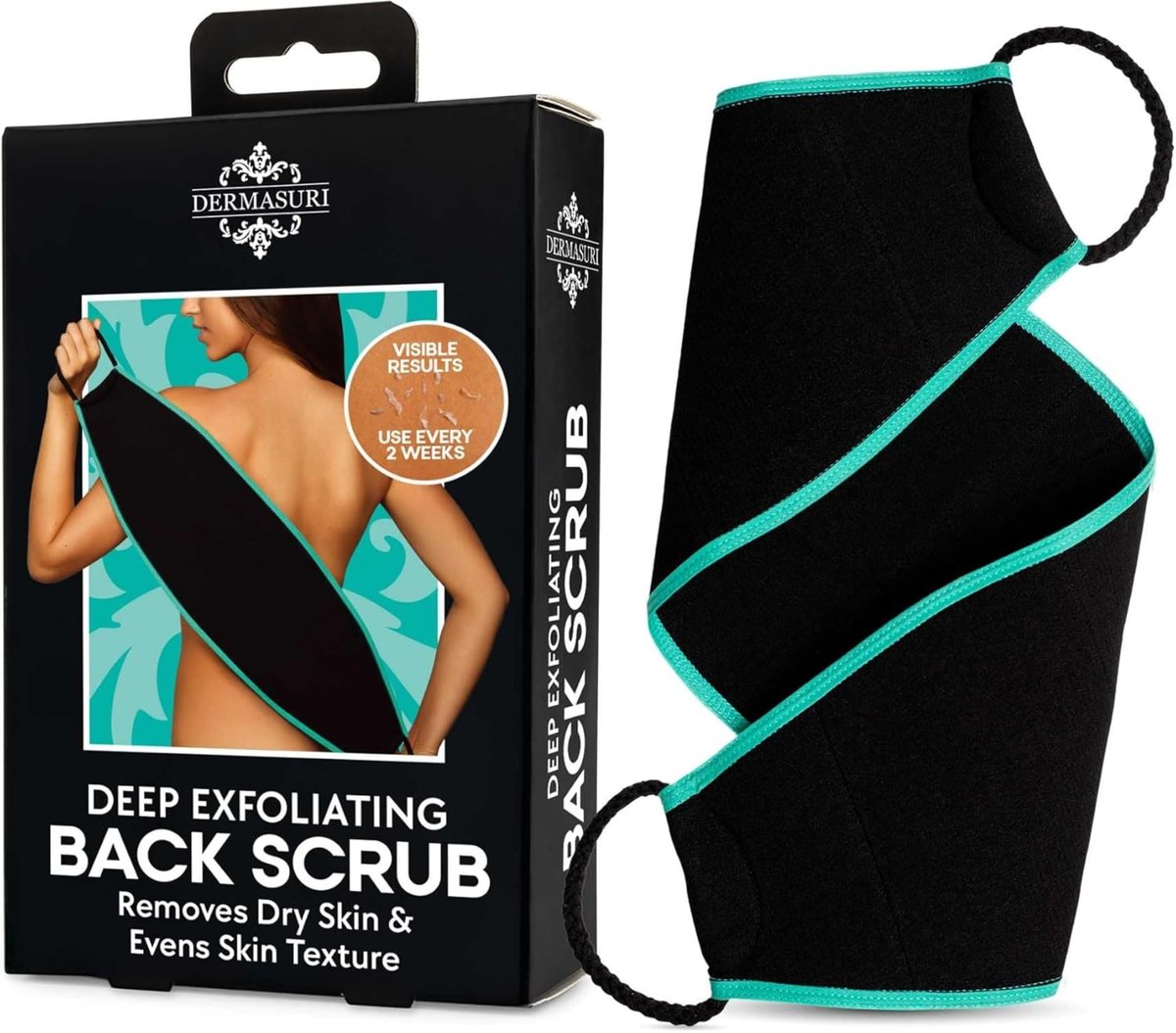 Dermasuri Deep Exfoliating Back Scrubber - 27 Inch Long Body Exfoliator for Shower, Black - görsel 1