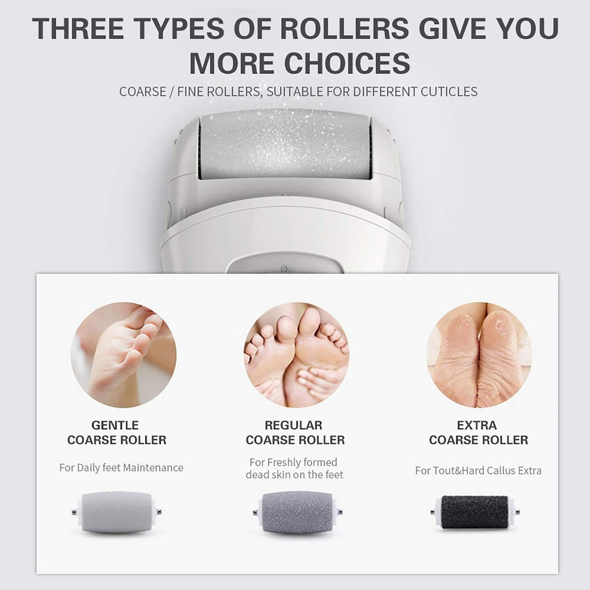 PRITECH Callus Removers 6-Pack Replacement Roller Heads for Electric Foot File - Extra Coarse, Regular Coarse & Fine Coarse Refill Rollers (White, Pink, Black) Avelisse