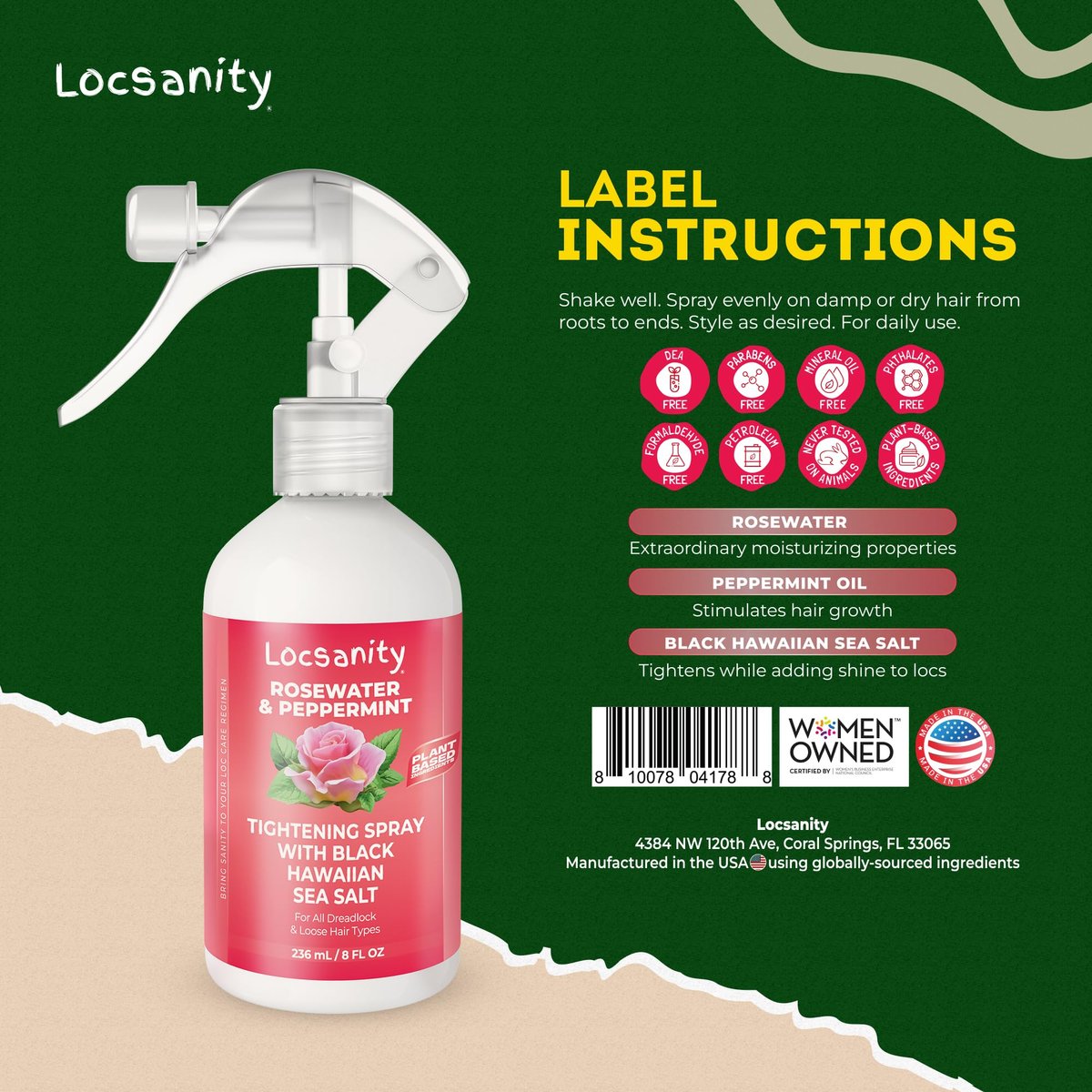 Locsanity Rosewater Peppermint Loc Spray - 8oz: Moisturizing & Tightening Hydration Spray with Black Hawaiian Sea Salt, Plant-Based | Loc Care for All Dreadlocks & Loose Hair Types Avelisse
