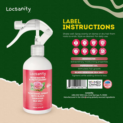 Locsanity Rosewater Peppermint Loc Spray - 8oz: Moisturizing & Tightening Hydration Spray with Black Hawaiian Sea Salt, Plant-Based | Loc Care for All Dreadlocks & Loose Hair Types Avelisse