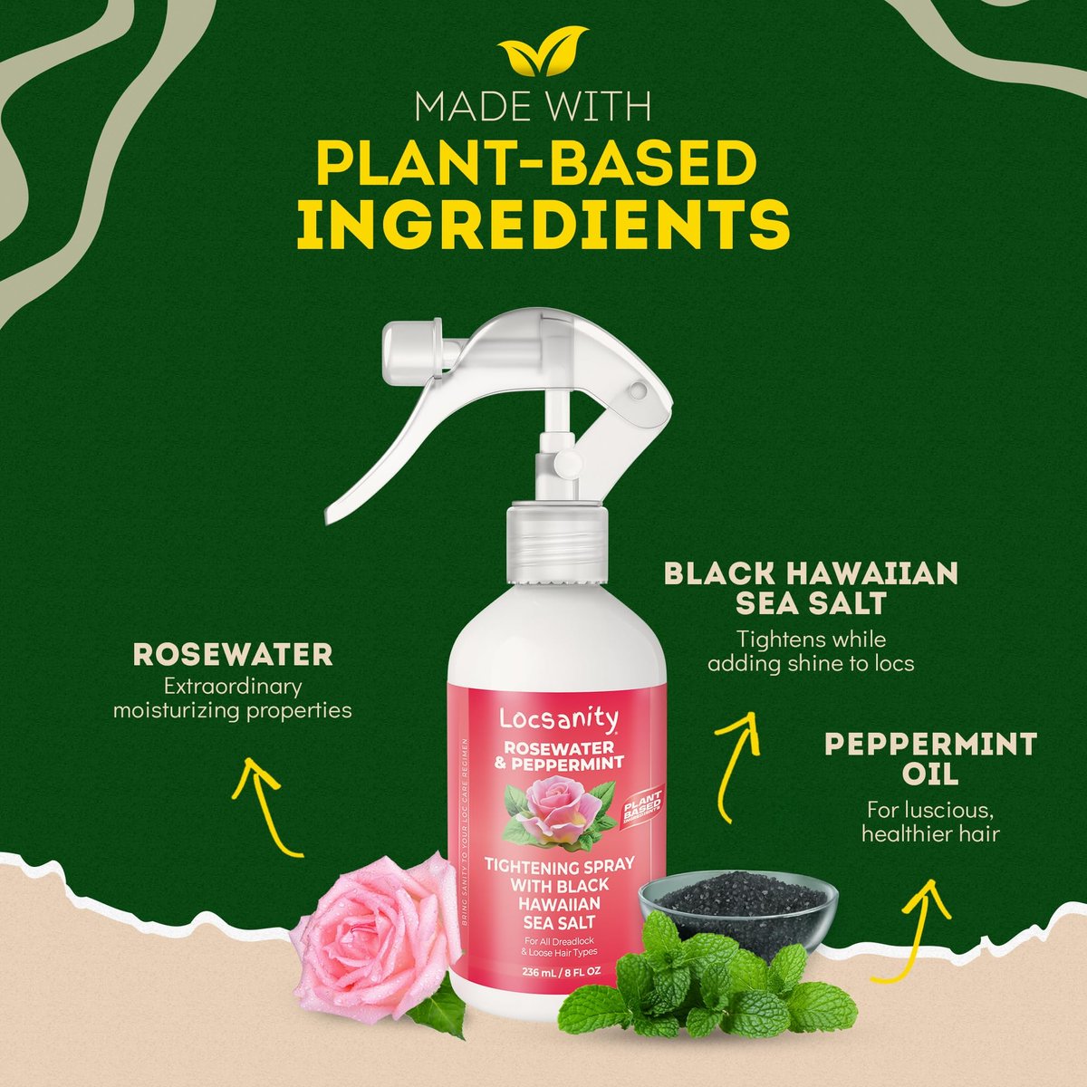 Locsanity Rosewater Peppermint Loc Spray - 8oz: Moisturizing & Tightening Hydration Spray with Black Hawaiian Sea Salt, Plant-Based | Loc Care for All Dreadlocks & Loose Hair Types Avelisse