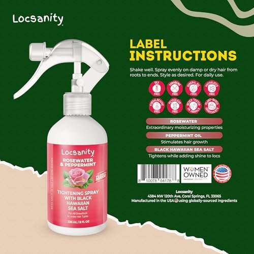 Locsanity Rosewater Peppermint Loc Spray - 8oz: Moisturizing & Tightening Hydration Spray with Black Hawaiian Sea Salt, Plant-Based | Loc Care for All Dreadlocks & Loose Hair Types Avelisse