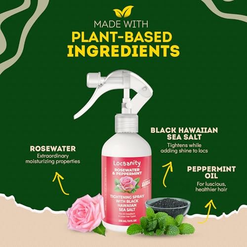 Locsanity Rosewater Peppermint Loc Spray - 8oz: Moisturizing & Tightening Hydration Spray with Black Hawaiian Sea Salt, Plant-Based | Loc Care for All Dreadlocks & Loose Hair Types Avelisse