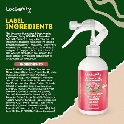 Locsanity Rosewater Peppermint Loc Spray - 8oz: Moisturizing & Tightening Hydration Spray with Black Hawaiian Sea Salt, Plant-Based | Loc Care for All Dreadlocks & Loose Hair Types Avelisse