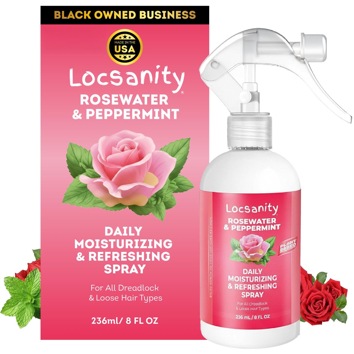 Locsanity Rosewater Peppermint Loc Spray - 8oz: Moisturizing & Tightening Hydration Spray with Black Hawaiian Sea Salt, Plant-Based | Loc Care for All Dreadlocks & Loose Hair Types Avelisse