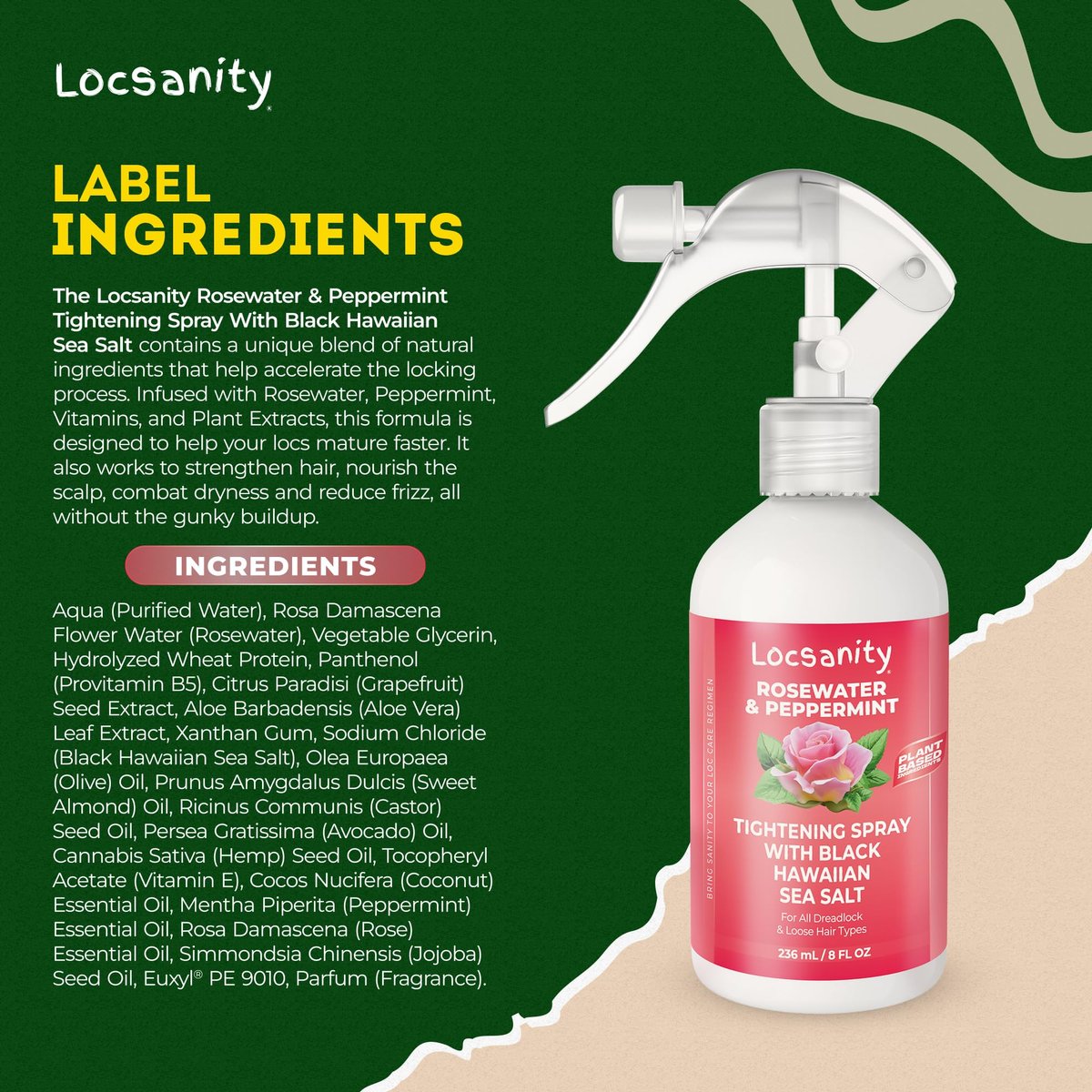 Locsanity Rosewater Peppermint Loc Spray - 8oz: Moisturizing & Tightening Hydration Spray with Black Hawaiian Sea Salt, Plant-Based | Loc Care for All Dreadlocks & Loose Hair Types Avelisse
