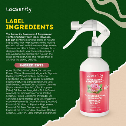 Locsanity Rosewater Peppermint Loc Spray - 8oz: Moisturizing & Tightening Hydration Spray with Black Hawaiian Sea Salt, Plant-Based | Loc Care for All Dreadlocks & Loose Hair Types Avelisse