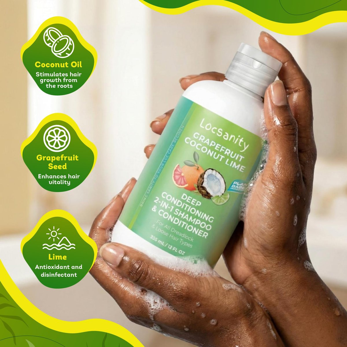 Locsanity Grapefruit Coconut & Lime 2-in-1 Loc Shampoo & Conditioner - 16oz - Hydrating, Strengthening for Dreads, Sisterlocks, Locks & Dreadlocks - Optimal for Mature Locs Avelisse