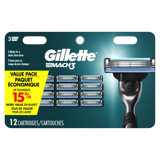 Gillette Mach 3 Razor Refills - 12 Cartridges, Silver Avelisse