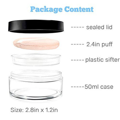 Kalevel Empty Makeup Powder Container 50ml with Puff – Clear Plastic Loose Face Compact Case, Refillable Travel Bottle Box with Sifter and Lid