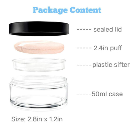 Kalevel Empty Makeup Powder Container 50ml with Puff – Clear Plastic Loose Face Compact Case, Refillable Travel Bottle Box with Sifter and Lid
