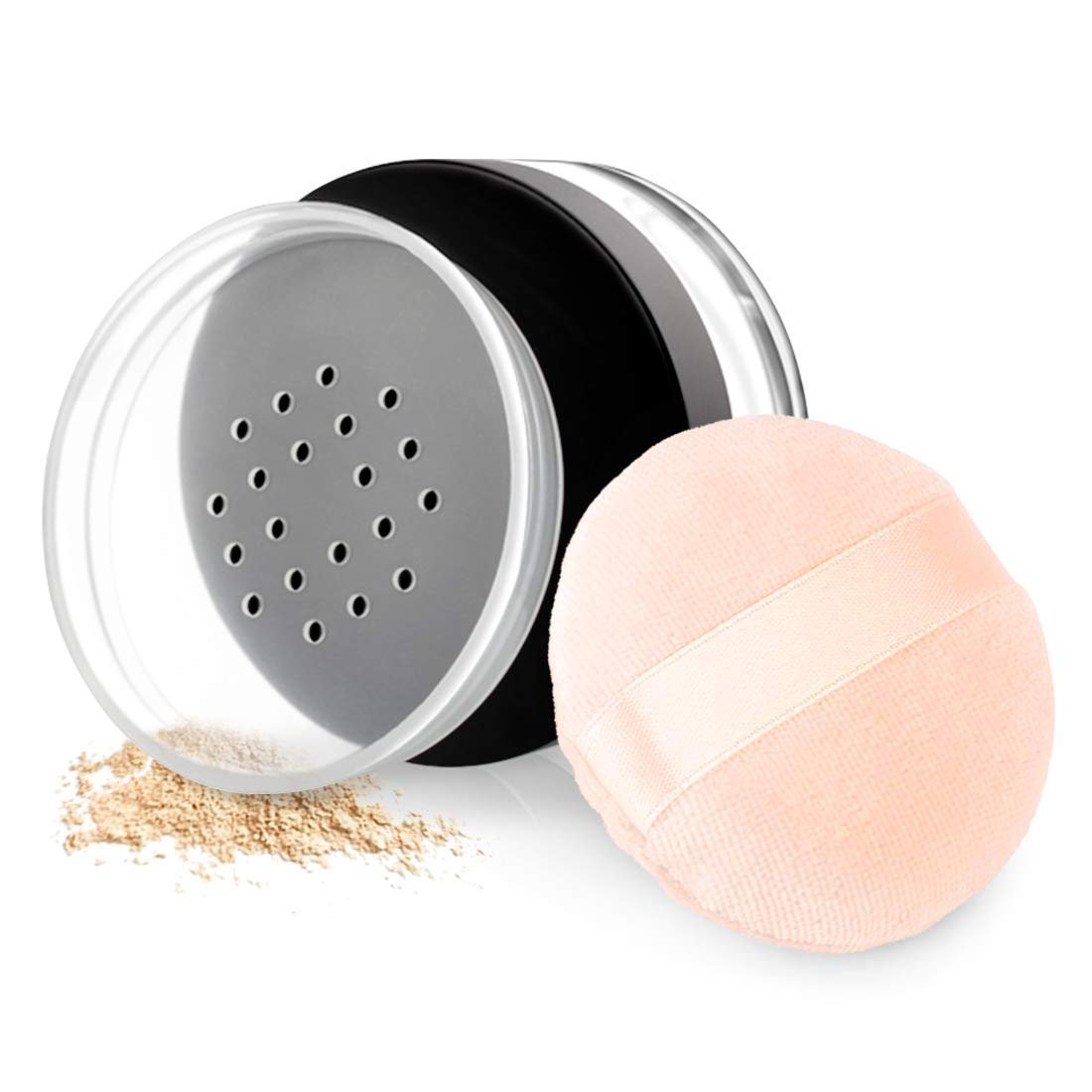 Kalevel Empty Makeup Powder Container 50ml with Puff – Clear Plastic Loose Face Compact Case, Refillable Travel Bottle Box with Sifter and Lid - görsel 1