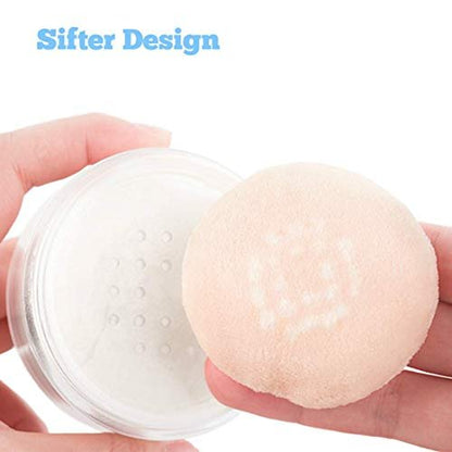 Kalevel Empty Makeup Powder Container 50ml with Puff – Clear Plastic Loose Face Compact Case, Refillable Travel Bottle Box with Sifter and Lid