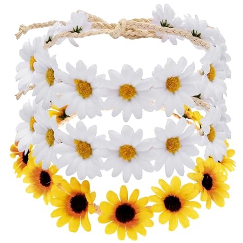 Bnikion 3 Pcs Sunflower Headband Hippie Headbands Crown Headpiece Flower Daisy Headbands for Women Girl 70s Hippie Boho Hat Accessories Bridal Wedding Summer Beach Party Hair Wreath Garland - görsel 2