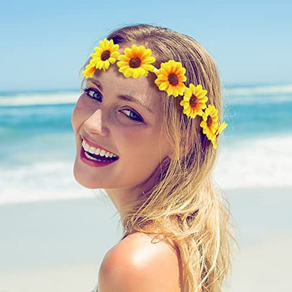 Bnikion 3 Pcs Sunflower Headband Hippie Headbands Crown Headpiece Flower Daisy Headbands for Women Girl 70s Hippie Boho Hat Accessories Bridal Wedding Summer Beach Party Hair Wreath Garland