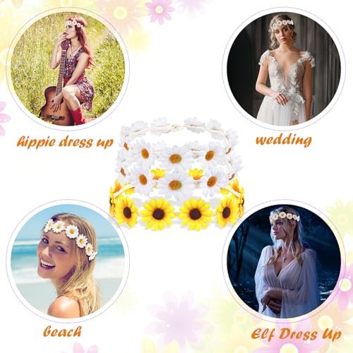 Bnikion 3 Pcs Sunflower Headband Hippie Headbands Crown Headpiece Flower Daisy Headbands for Women Girl 70s Hippie Boho Hat Accessories Bridal Wedding Summer Beach Party Hair Wreath Garland - görsel 10