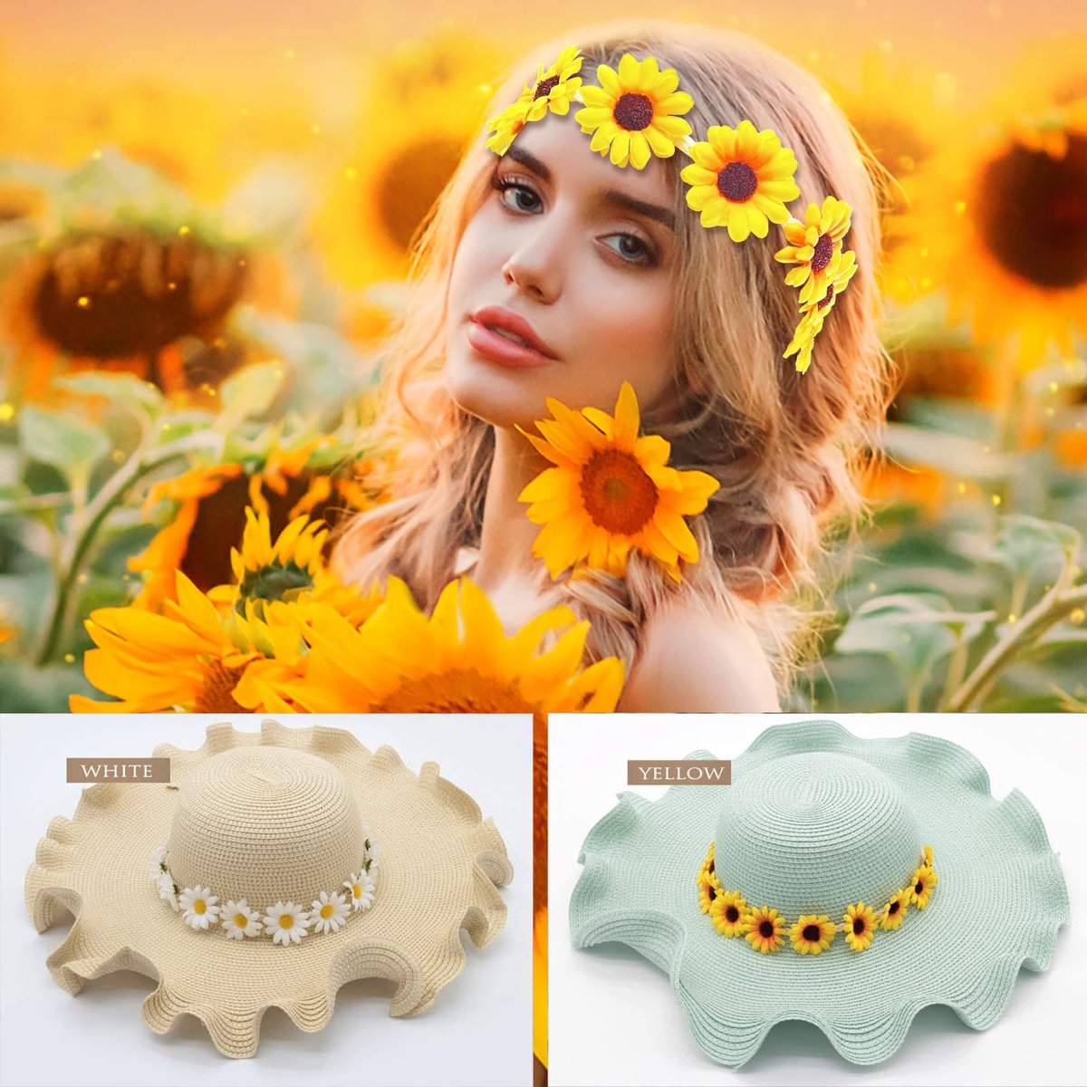 Bnikion 3 Pcs Sunflower Headband Hippie Headbands Crown Headpiece Flower Daisy Headbands for Women Girl 70s Hippie Boho Hat Accessories Bridal Wedding Summer Beach Party Hair Wreath Garland - görsel 7
