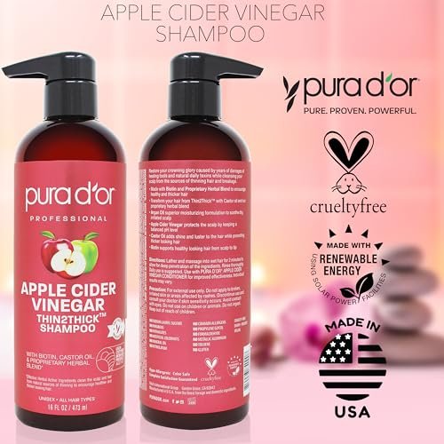 PURA D'OR Apple Cider Vinegar Thin2Thick Shampoo – Biotin & Castor Oil for Frizz Reduction, Split Ends, Clarifying Detox – 16 oz Avelisse
