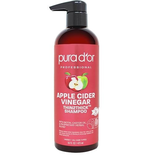 PURA D'OR Apple Cider Vinegar Thin2Thick Shampoo – Biotin & Castor Oil for Frizz Reduction, Split Ends, Clarifying Detox – 16 oz Avelisse
