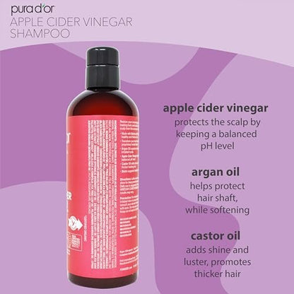 PURA D'OR Apple Cider Vinegar Thin2Thick Shampoo – Biotin & Castor Oil for Frizz Reduction, Split Ends, Clarifying Detox – 16 oz Avelisse