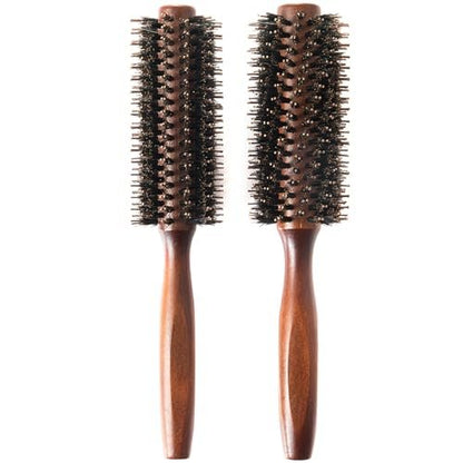 Boar Bristle Round Hair Brush Set with Nylon Pin - Wooden Handle for Straightening, Curling, Volumizing & Detangling (2 Brushes)