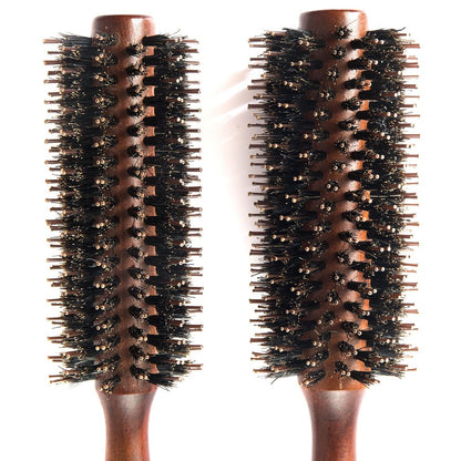 Boar Bristle Round Hair Brush Set with Nylon Pin - Wooden Handle for Straightening, Curling, Volumizing & Detangling (2 Brushes)