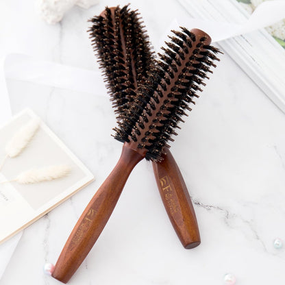Boar Bristle Round Hair Brush Set with Nylon Pin - Wooden Handle for Straightening, Curling, Volumizing & Detangling (2 Brushes)