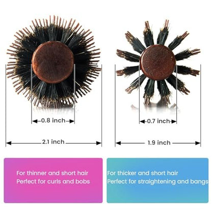 Boar Bristle Round Hair Brush Set with Nylon Pin - Wooden Handle for Straightening, Curling, Volumizing & Detangling (2 Brushes)