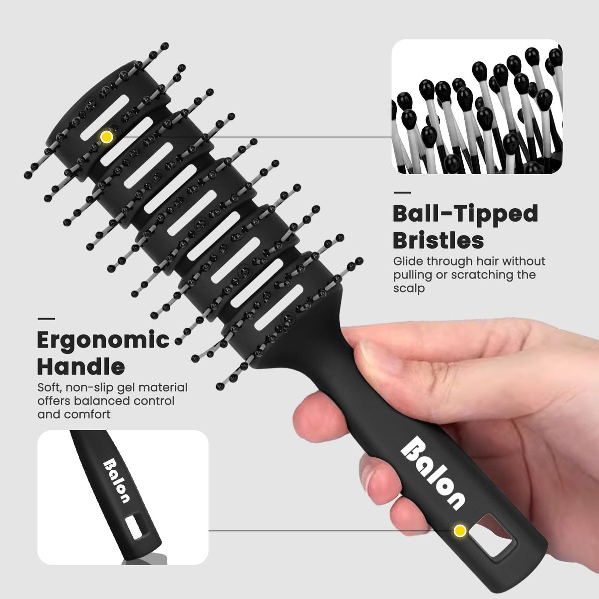 BALON Hair Brush for Women & Men - Speed Dry Vent Hair Brushes, Pain-Free Detangling Brush for All Hair Types (Black, 8.1x2.6 Inch) - görsel 5
