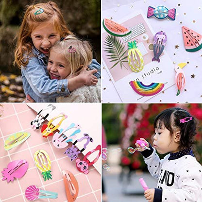 Funtopia 80 Pcs Girls Hair Clips Barrettes - Animal Fruit Printed Metal Snap Hair Clips for Kids, Teens, Pets
