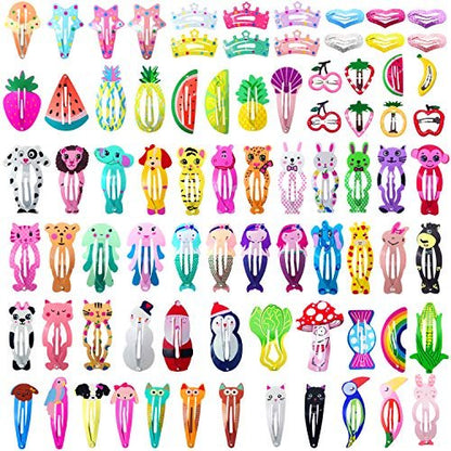 Funtopia 80 Pcs Girls Hair Clips Barrettes - Animal Fruit Printed Metal Snap Hair Clips for Kids, Teens, Pets
