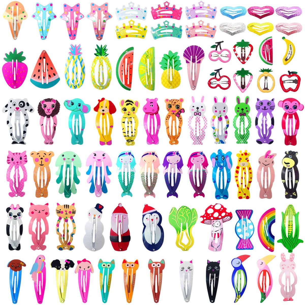 Funtopia 80 Pcs Girls Hair Clips Barrettes - Animal Fruit Printed Metal Snap Hair Clips for Kids, Teens, Pets - görsel 1