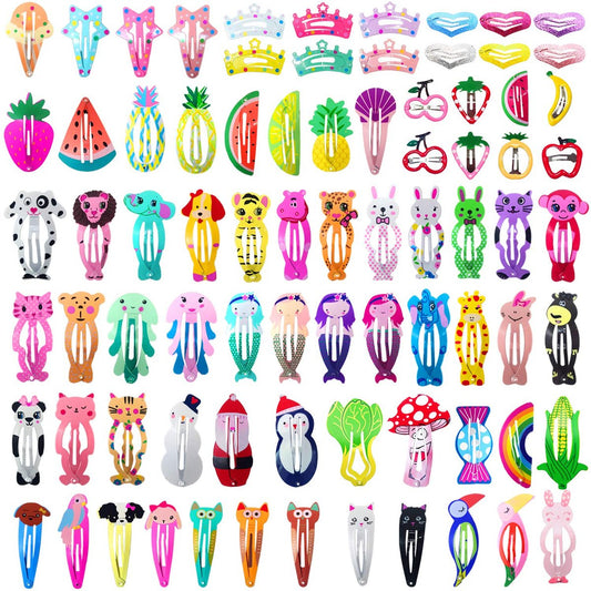 Funtopia 80 Pcs Girls Hair Clips Barrettes - Animal Fruit Printed Metal Snap Hair Clips for Kids, Teens, Pets