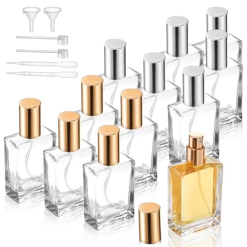 Foraineam 12 Pack 1 oz / 30ml Clear Glass Perfume Bottle, Refillable Empty Fine Mist Atomizer Spray Bottles, Portable Square Perfume Atomizer Bottles for Fragrance, Lotion, Essential Oil Avelisse