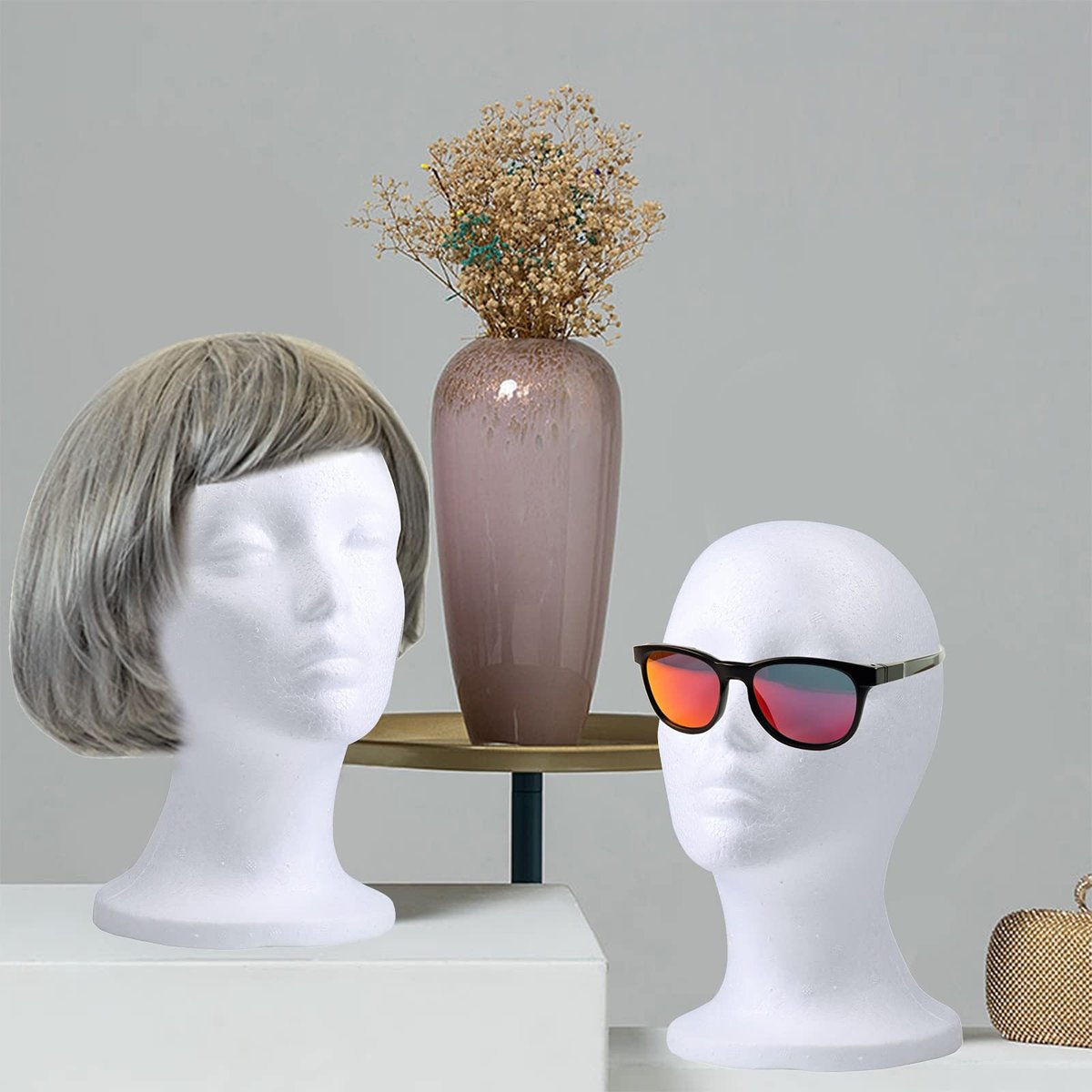 Foraineam 2 Pack Foam Wig Display Stand – Female Mannequin Wig Holder, White Foam Heads for Glasses, Mask, Hat, and Hairpieces Avelisse