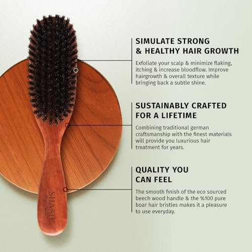 SHASH Classic German First Cut 100% Boar Bristle Hair Brush Since 1869 - Conditions Hair, Improves Texture, Exfoliates Scalp (Fine to Normal Hair, Black) Avelisse