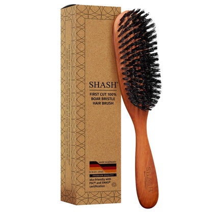 SHASH Classic German First Cut 100% Boar Bristle Hair Brush Since 1869 - Conditions Hair, Improves Texture, Exfoliates Scalp (Fine to Normal Hair, Black) Avelisse