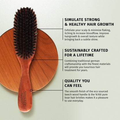 SHASH Classic German First Cut 100% Boar Bristle Hair Brush Since 1869 - Conditions Hair, Improves Texture, Exfoliates Scalp (Fine to Normal Hair, Black) Avelisse