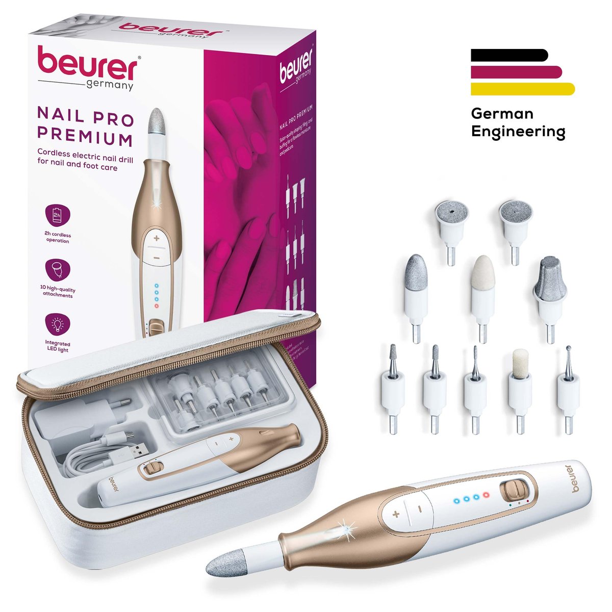 Beurer MP64 Cordless Nail Drill Kit - Electric Nail File with 10 Attachments, LED Light, Adjustable Speed, Manicure & Pedicure E-File, Storage Case Avelisse