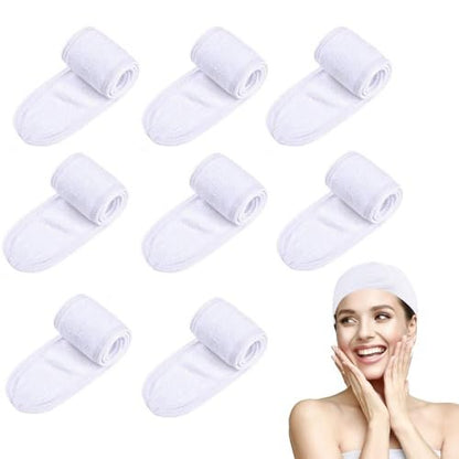 Tatibana White Elastic Terry Cloth Spa Headband - 8 Pack Facial Head Wrap Band, Washable Makeup Headband with Magic Tape Avelisse