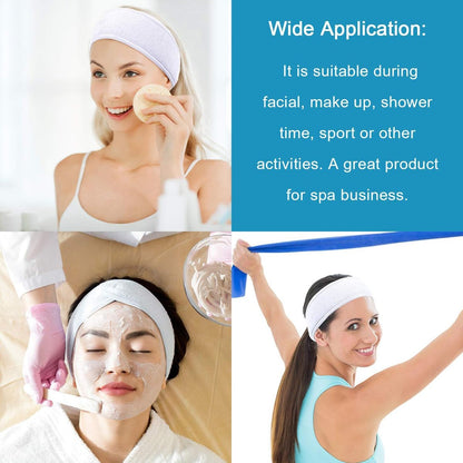 Tatibana White Elastic Terry Cloth Spa Headband - 8 Pack Facial Head Wrap Band, Washable Makeup Headband with Magic Tape Avelisse