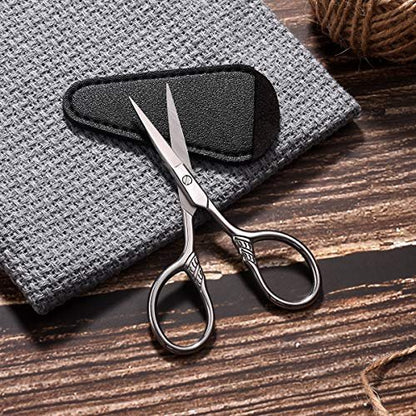 HITOPTY Small Precision Scissors – 3.5 Inch Stainless Steel Vintage Grooming Shears for Facial Hair, Eyebrows, Eyelashes, Beard & Moustache with PU Sheath