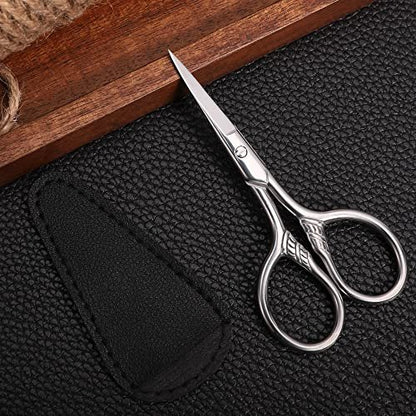 HITOPTY Small Precision Scissors – 3.5 Inch Stainless Steel Vintage Grooming Shears for Facial Hair, Eyebrows, Eyelashes, Beard & Moustache with PU Sheath
