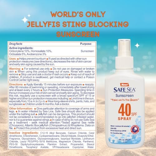 Safe Sea Jellyfish Sting-Blocking Sunscreen SPF 40+ Spray, 4 Fl Oz – Waterproof, Biodegradable, Coral Reef-Safe Body & Face Sunscreen with Anti-Jellyfish and Sea-Lice Protection Avelisse