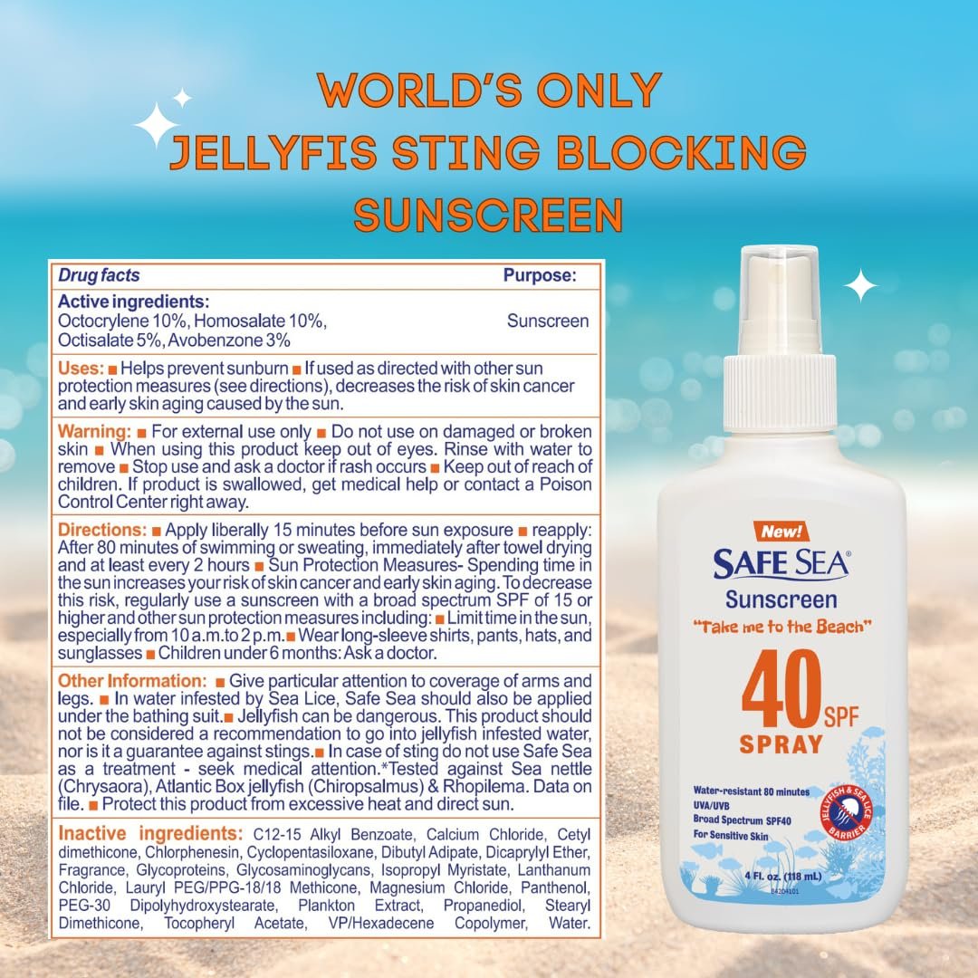 Safe Sea Jellyfish Sting-Blocking Sunscreen SPF 40+ Spray, 4 Fl Oz – Waterproof, Biodegradable, Coral Reef-Safe Body & Face Sunscreen with Anti-Jellyfish and Sea-Lice Protection Avelisse