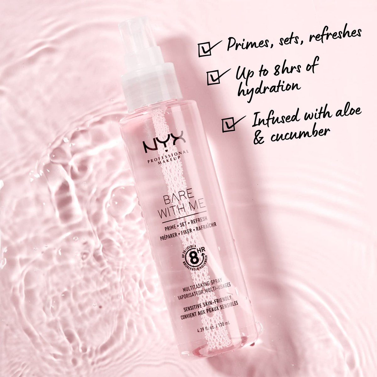 NYX PROFESSIONAL MAKEUP Bare With Me Multitasking Face Primer & Makeup Setting Spray - Hydrating Face Mist for Up to 8HR Wear, Long-Lasting Vegan Formula (4.39 Fl Oz) - görsel 3