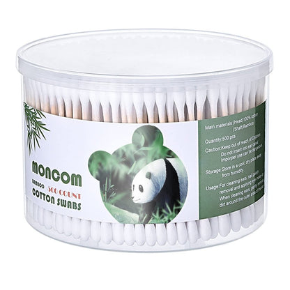 MONCOM Cotton Swabs 500 Count - Biodegradable Eco-Friendly Wooden Stick Cotton Buds